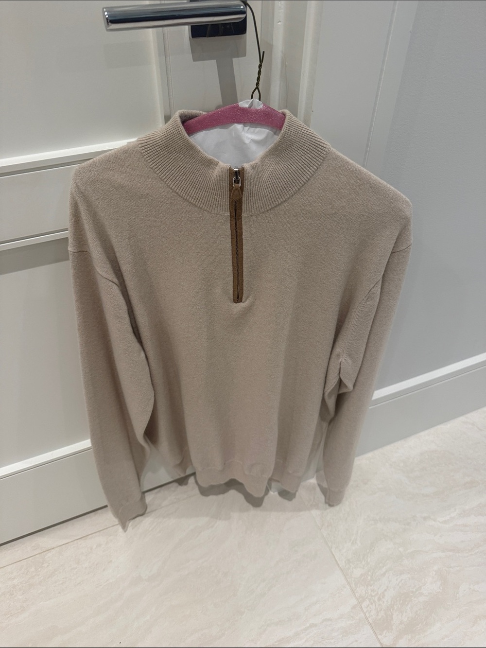 Peter Millar Women's Half-Zip Sweater in Light Beige with Brown Zip